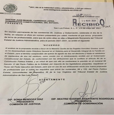 Oficio del Legislativo recurriendo al Gobernador una nueva propuesta para la terna.