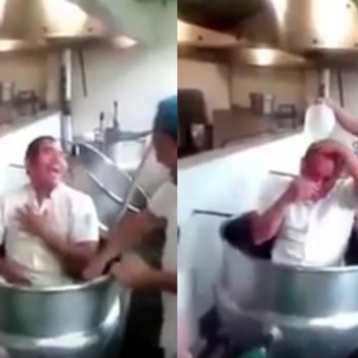  (Video) Graban empleados de IMSS bañando a otro en olla de cocina