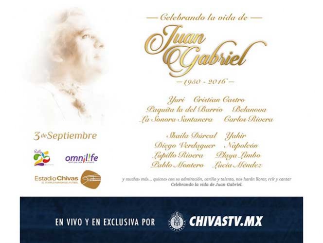  Chivas TV transmitirá gratis homenaje a Juan Gabriel