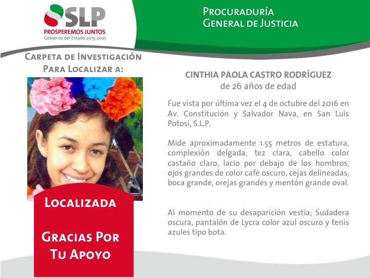  Localizan a Cinthia Paola, joven desaparecida desde octubre