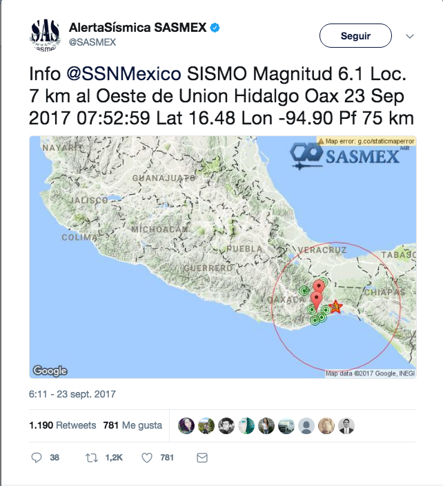  Registran nuevo sismo de 6.1 grados al sur de México