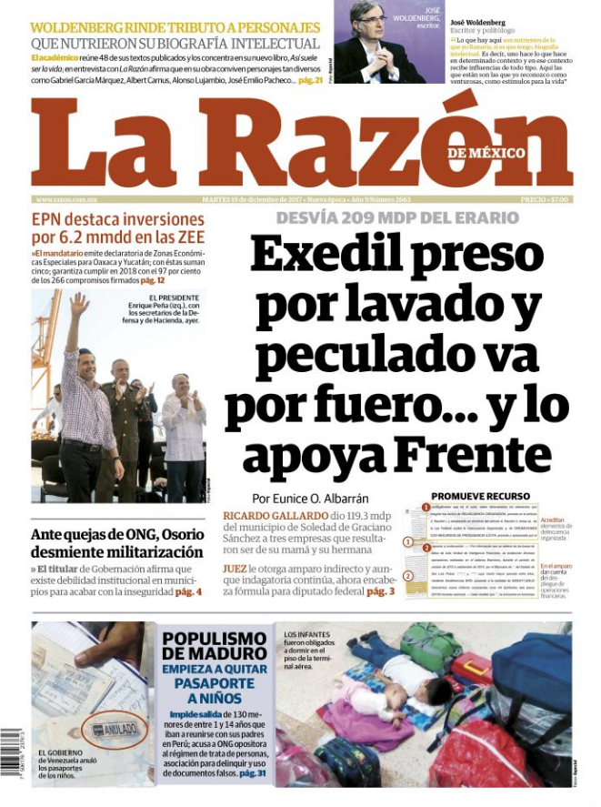  Nota principal de diario impreso “La Razón de México” dedicada a RGC