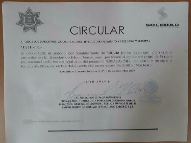  Convocan a policías de Soledad a firmar recibos de pago de aguinaldo, sin haber recibido ni un peso…