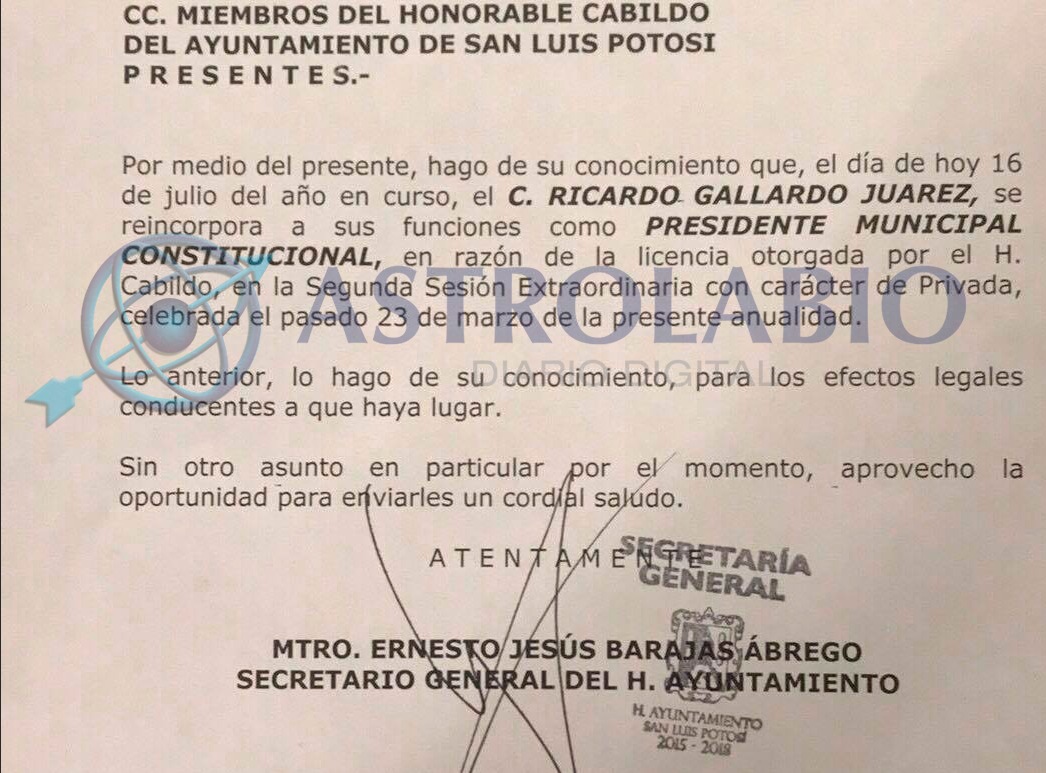  Regresa Ricardo Gallardo al ayuntamiento de la capital