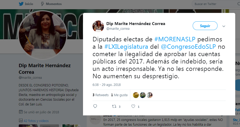  Diputada electa pide a actuales no aprobar informes de cuentas 2017