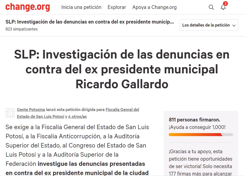  Crean petición para exigir a autoridades que investiguen a Ricardo Gallardo Juárez