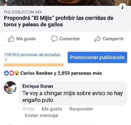  Amenazan de muerte a diputado por proponer que se prohíban las peleas de gallos y corridas de toros