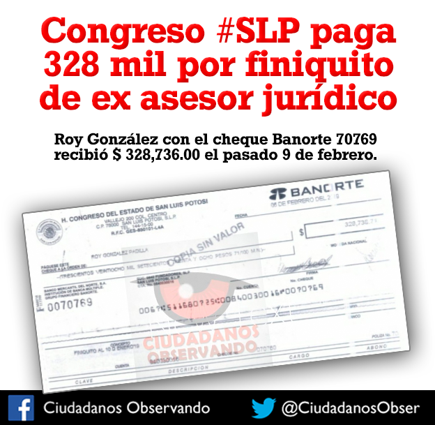  Congreso pagó finiquito de 328 mil pesos a ex coordinador de Asuntos Jurídicos: Ciudadanos Observando