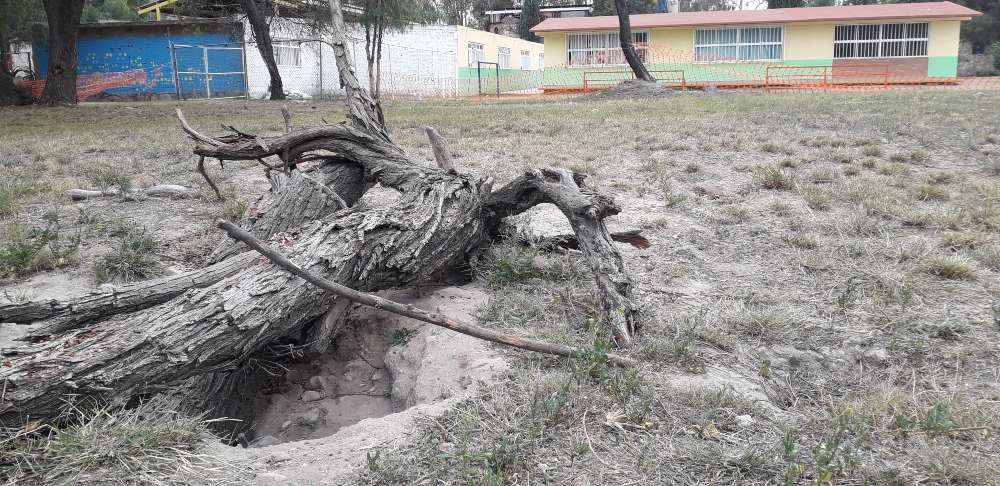  Advierten de peligro de accidente por socavón en jardín de niños