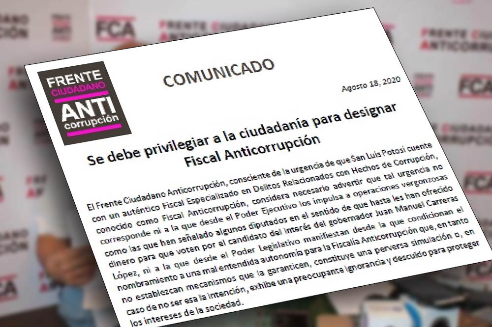  Pide Frente Anticorrupción que Ejecutivo y Legislativo no nombren a Fiscal