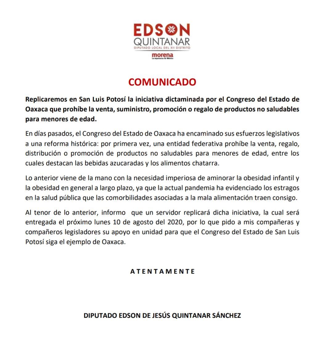  Edson propone prohibir comida “chatarra” a menores de edad, como en Oaxaca