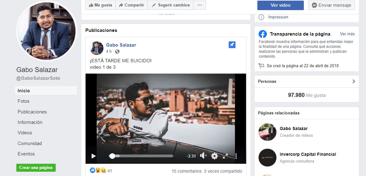  “Esta tarde me suicido”; el mensaje de Gabriel Salazar en redes sociales