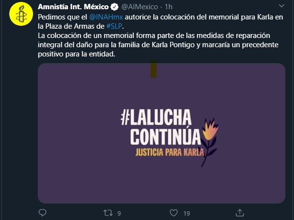  Amnistía Internacional pide al INAH autorizar memorial para Karla Pontigo en plaza de Armas