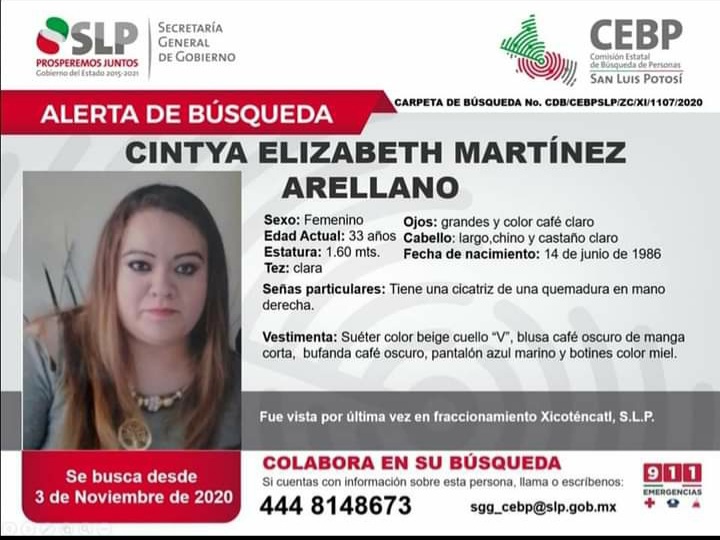  Encuentran sin vida a Cintya, desaparecida el 3 de noviembre