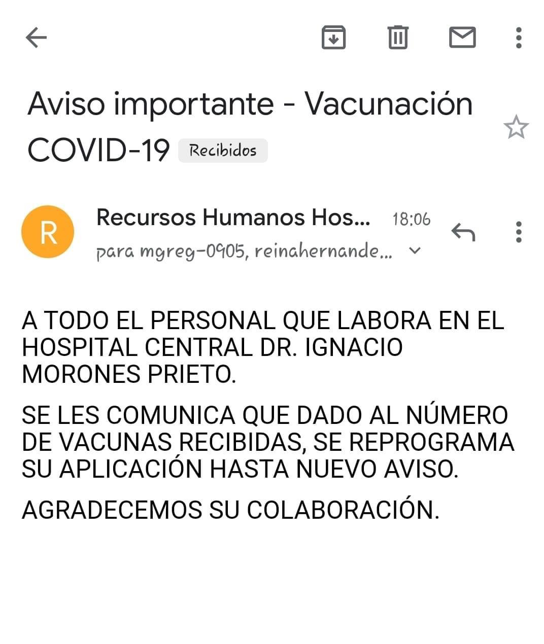  En un día se terminan vacunas contra el Covid-19 del Hospital Central