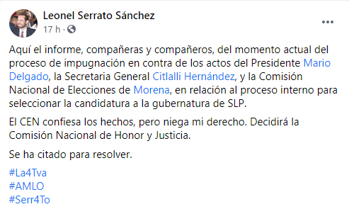  CEN: legal, candidata femenina;  Leonel Serrato demanda conocer resultado de encuestas