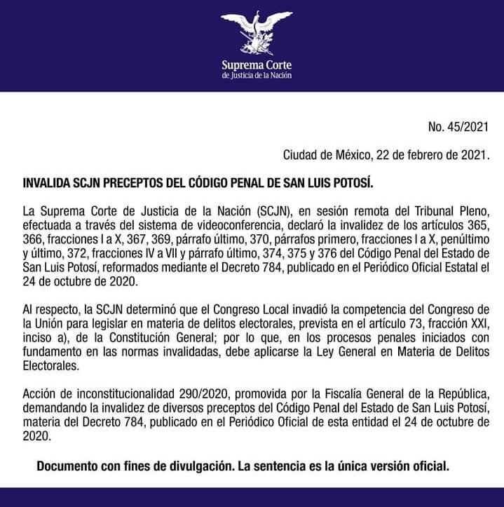  Legislativo de SLP invadió competencia del Congreso de la Unión, determina SCJN