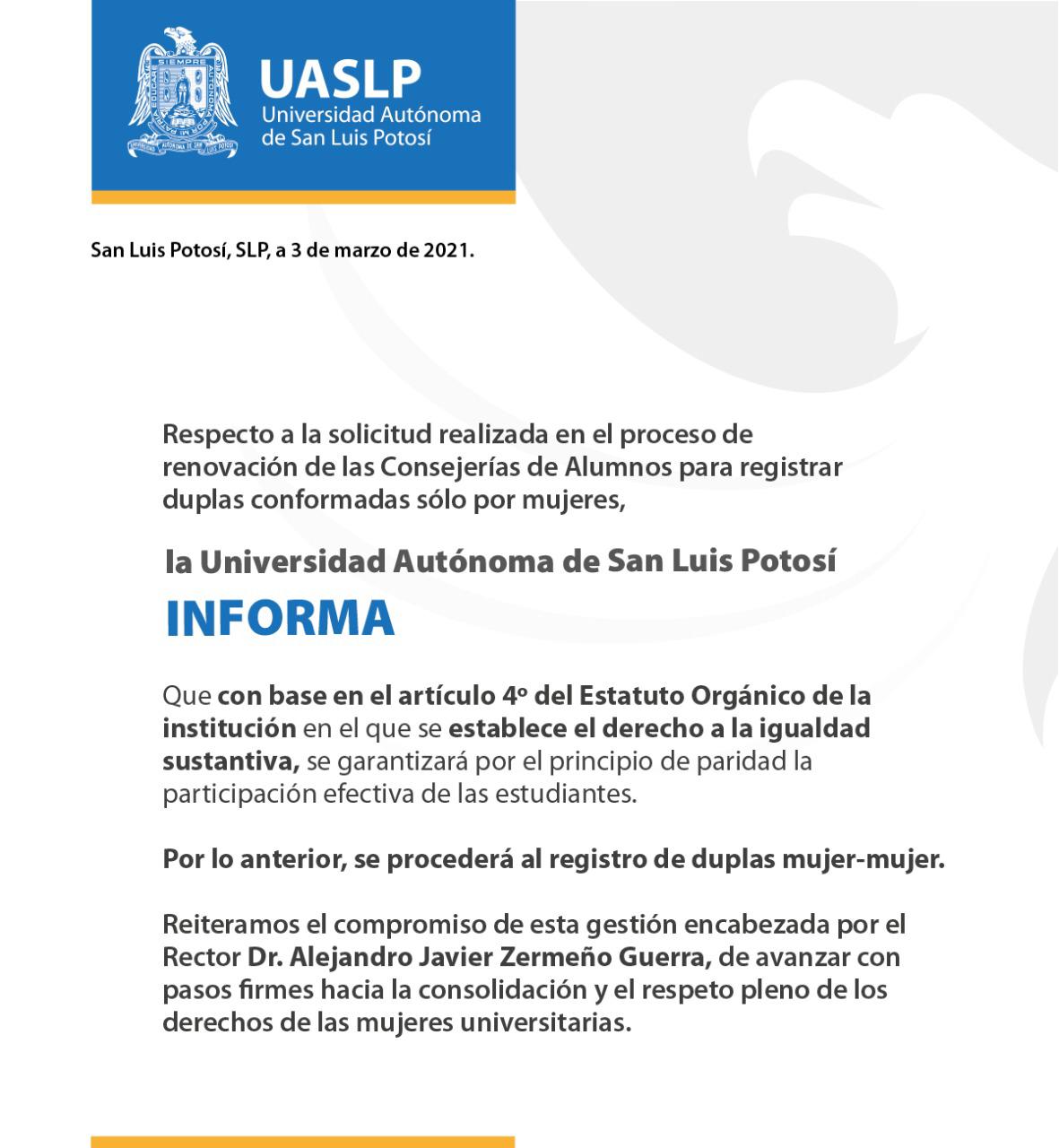  UASLP permitirá registro de duplas de mujeres para elecciones de Consejería y Sociedad de Alumnos