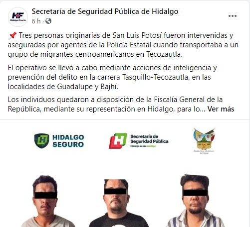  ‘Polleros’ potosinos, detenidos con 127 centroamericanos en Hidalgo