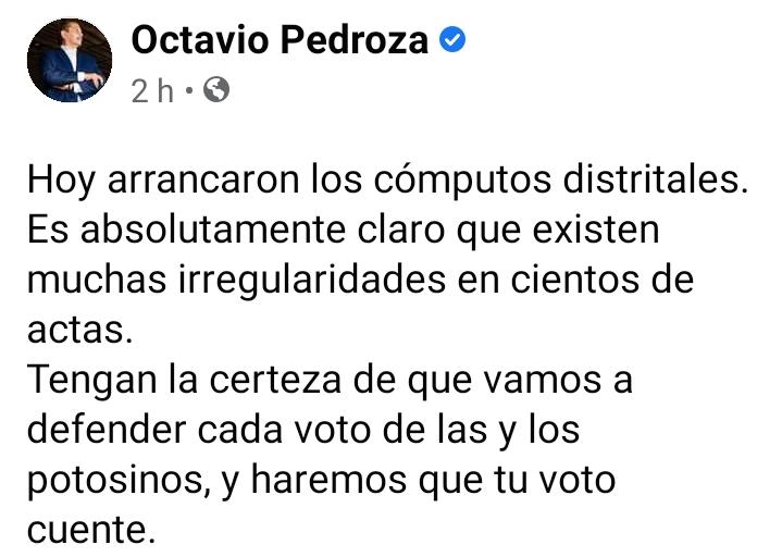  Denuncia Pedroza  irregularidades en “cientos de actas”