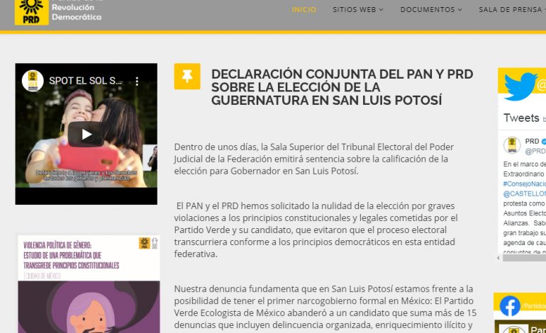  Publica PRD declaración para pedir a Tribunal Electoral anular elección de gobernador