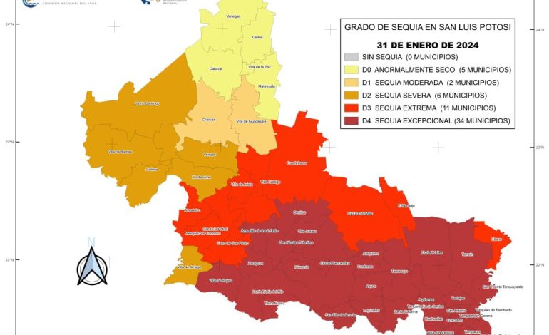  En enero aumentó el territorio potosino con sequía excepcional y extrema