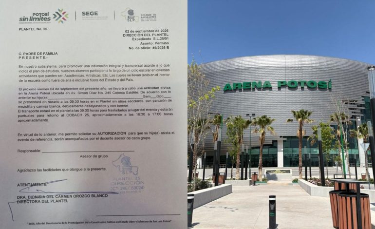  Cobach y Conalep acarrean estudiantes para informe de Sheinbaum en SLP